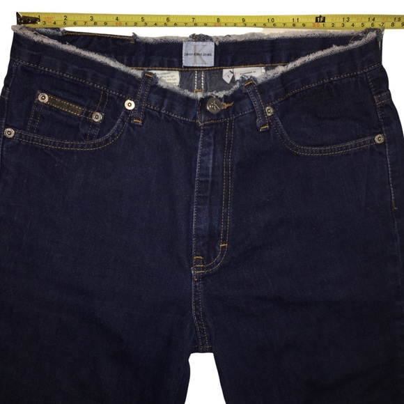 Highrise Flare Jeans, Distressed Denim, Frayed Waist/Hem, Dark Calvin Klein Sz 7 - Picture 11 of 13